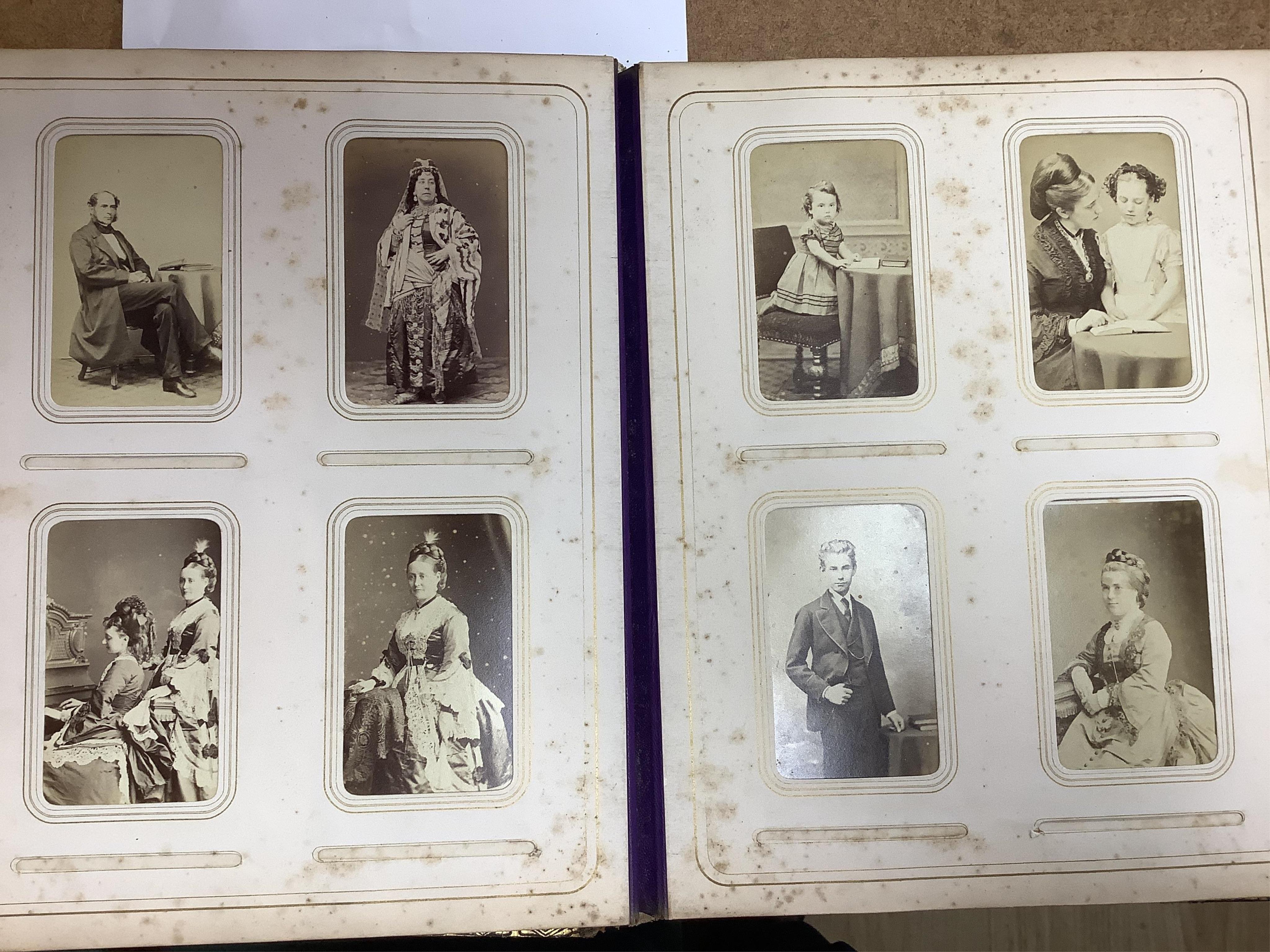 A Victorian malachite mounted amboyna family photograph album, 23cm x 30cm